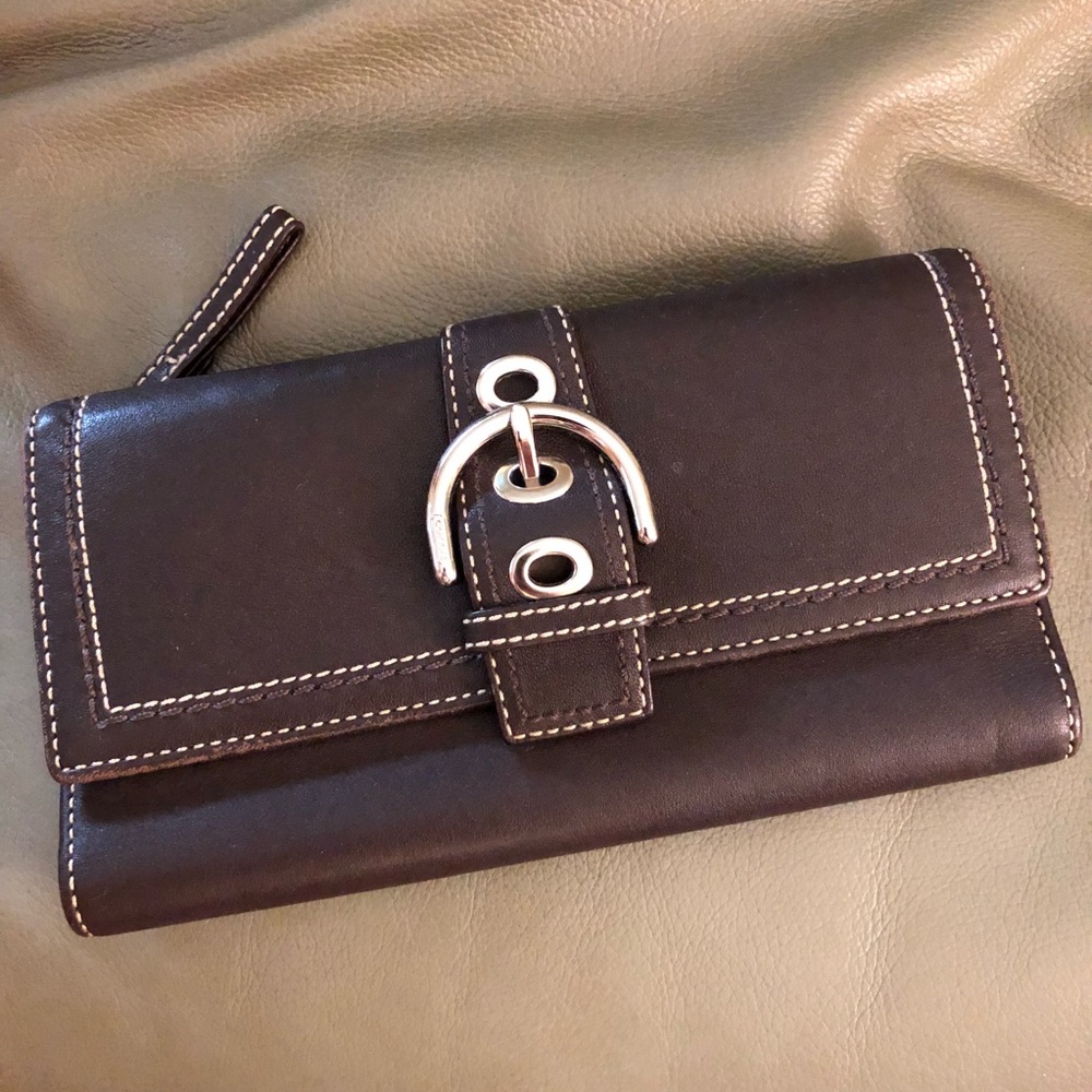 Brown Coach Leather Checkbook Wallet Silver Buckle